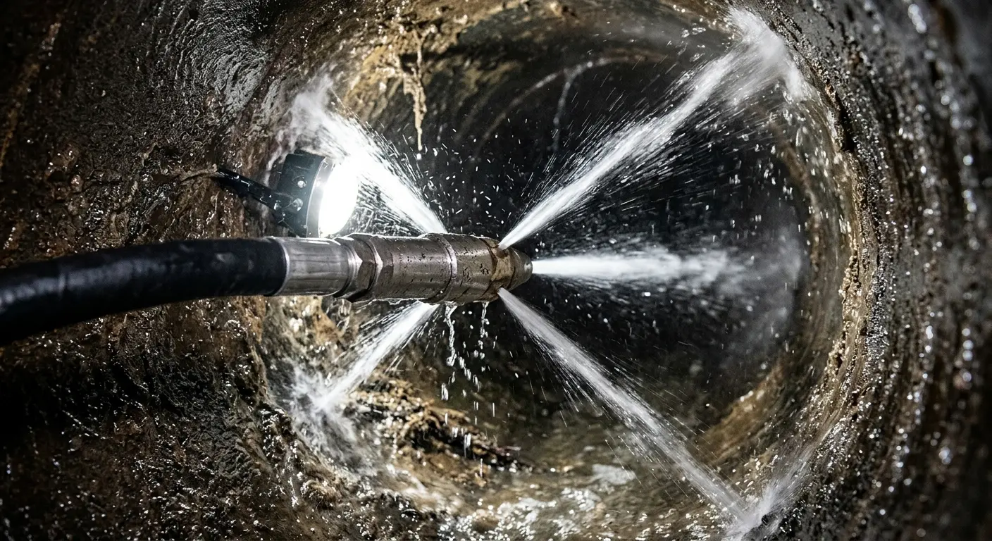 High-pressure hydro jetting nozzle cleaning sewer pipe for Sewer Line Relining in Pleasant Hill