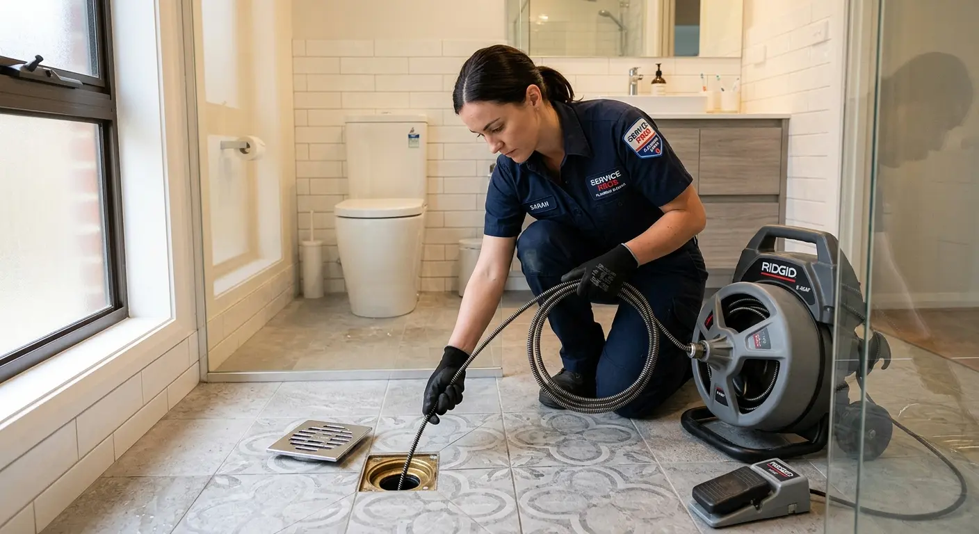 Technician clearing a bathroom floor drain for Drain Cleaning in Pleasant Hill